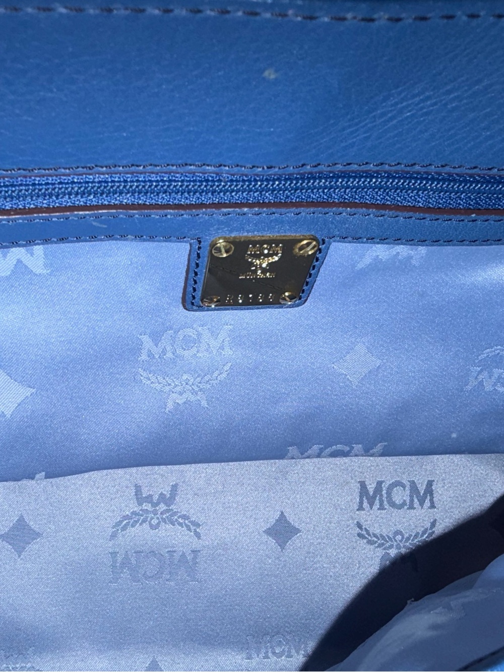 MCM Blue Leather Top-Handle Satchel Bag with Gold Hardware - Picture 11 of 15
